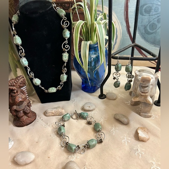 🪨Amazonite nuggets with silver wirework necklace bracelet & earrings - Picture 1 of 11